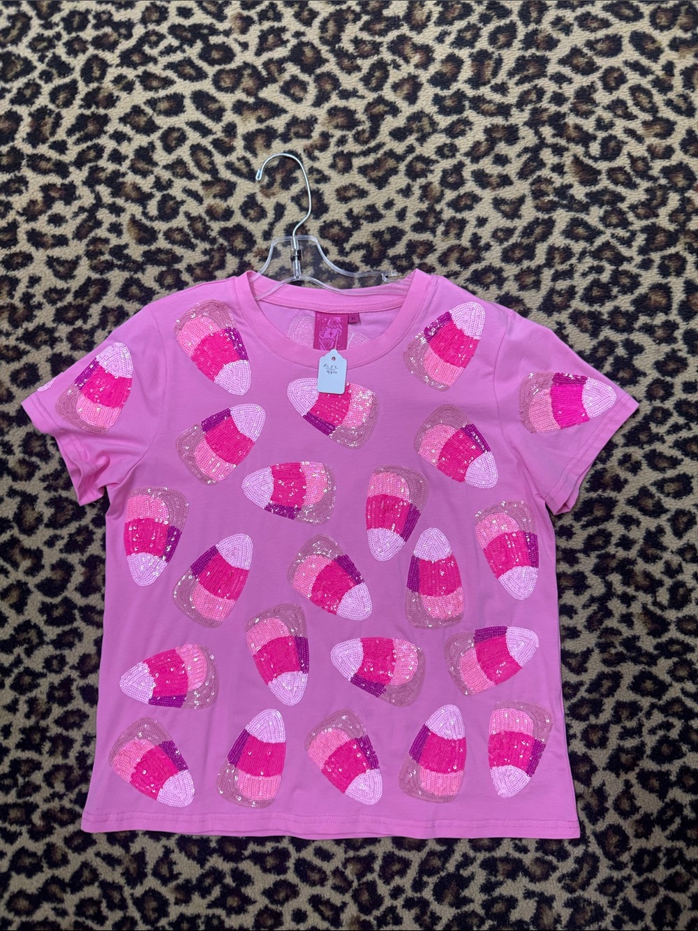QUEEN OF SPARKLES Pink Sequin Candy Corn Short Sleeve Tee